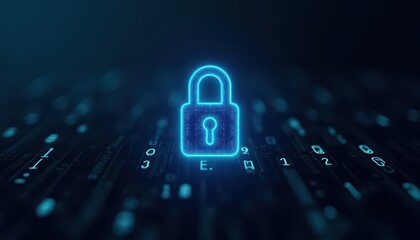 Digital padlock glowing on computer code background. Cyber security and data protection concept.