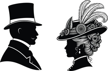 Elegant vintage silhouette profile portrait of a Victorian era gentleman in a top hat and a lady with a feathered hat. © Ruhul