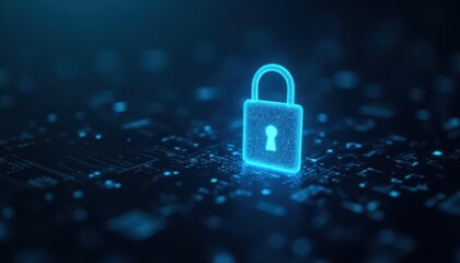 Digital padlock glowing on computer code background. Cyber security and data protection concept.