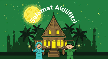 Selamat Aidilfitri festive greeting illustration featuring a traditional wooden house, happy Muslim children holding sparklers, glowing moon, and mosque silhouette. © Ruhul