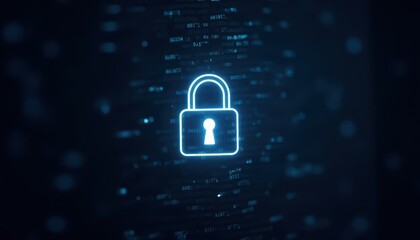 Digital padlock glowing on computer code background. Cyber security and data protection concept.
