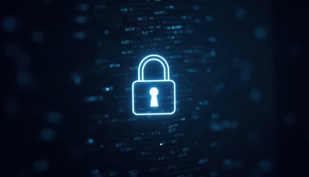Digital padlock glowing on computer code background. Cyber security and data protection concept.