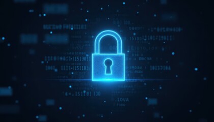 Digital padlock glowing on computer code background. Cyber security and data protection concept.