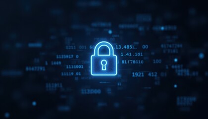 Digital padlock glowing on computer code background. Cyber security and data protection concept.