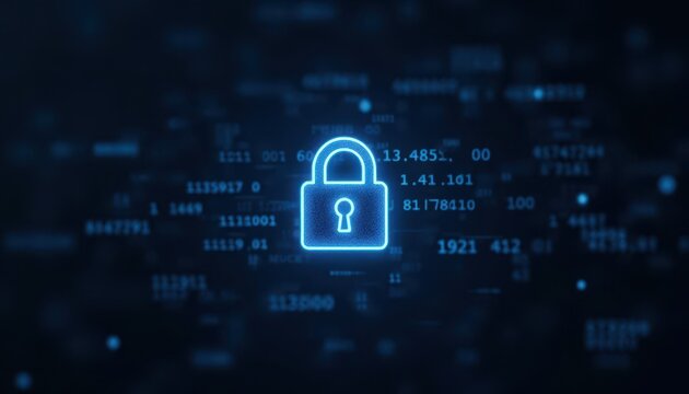 Digital padlock glowing on computer code background. Cyber security and data protection concept.