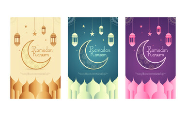Fototapeta premium Ramadan Kareem greeting card template collection featuring crescent moon, hanging lanterns, mosque silhouettes, and elegant ornamental details in soft gradient backgrounds.