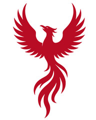Naklejka premium Red Phoenix Rising, Silhouette of a red phoenix with wings spread wide.