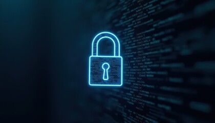 Fototapeta premium Digital padlock glowing on computer code background. Cyber security and data protection concept.