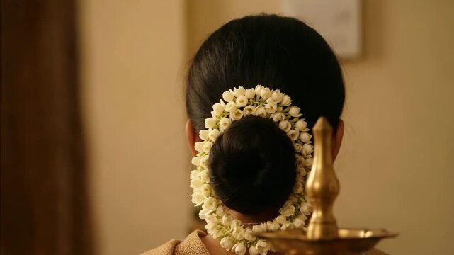 Traditional hairstyle with jasmine flowers and decorative brass lamp in Indian ceremony. Beautiful floral adornment enhances thoughtful atmosphere as woman prepares for festivities.