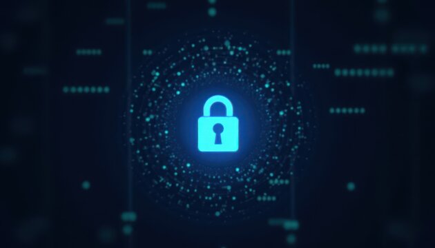 Digital padlock glowing on computer code background. Cyber security and data protection concept.
