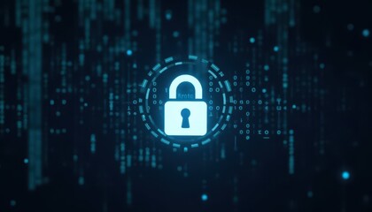 Digital padlock glowing on computer code background. Cyber security and data protection concept.