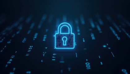Digital padlock glowing on computer code background. Cyber security and data protection concept.