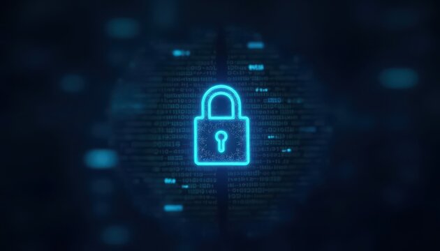 Digital padlock glowing on computer code background. Cyber security and data protection concept.