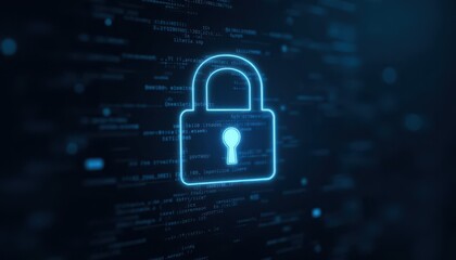 Digital padlock glowing on computer code background. Cyber security and data protection concept.
