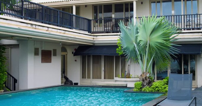 Boutique hotel pool courtyard with center fan palm and upper balcony railings, crystal blue water adjacent to sun lounger and terrace concierge prepping outdoor service and staff arranging furniture