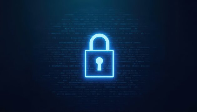 Digital padlock glowing on computer code background. Cyber security and data protection concept.