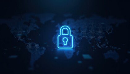 Digital padlock glowing on computer code background. Cyber security and data protection concept.