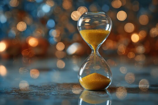 Elegant hourglass with gold sand in lights