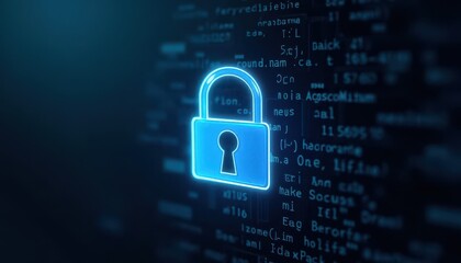 Digital padlock glowing on computer code background. Cyber security and data protection concept.