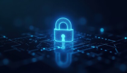 Digital padlock glowing on computer code background. Cyber security and data protection concept.