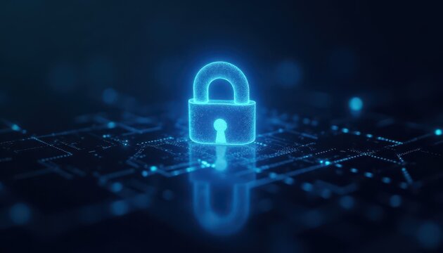 Digital padlock glowing on computer code background. Cyber security and data protection concept.