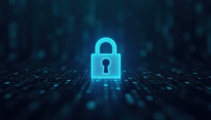 Digital padlock glowing on computer code background. Cyber security and data protection concept.