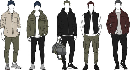 Vector illustration set of men wearing casual autumn fashion including hoodies, puffer vests, cargo pants, beanies, and gym duffel bags, © Rakibul