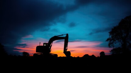 Silhouette of excavator against dramatic sunset sky construction equipment