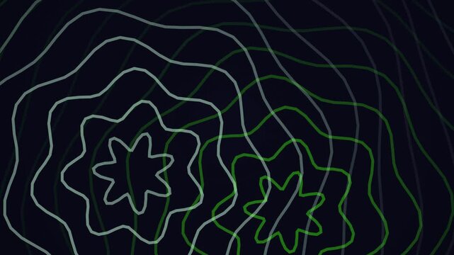 Abstract swirling green and white lines forming floral patterns on dark background
