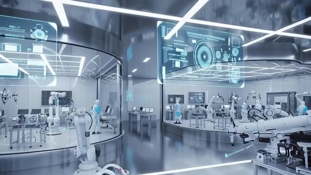 Futuristic Laboratory with Advanced Robotics and Digital Interfaces.
