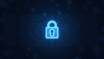 Digital padlock glowing on computer code background. Cyber security and data protection concept.