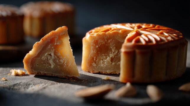 Mooncake with a slice cut out on dark background for Mid-Autumn Festival  