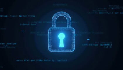 Digital padlock glowing on computer code background. Cyber security and data protection concept.