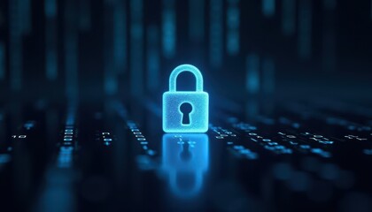 Digital padlock glowing on computer code background. Cyber security and data protection concept.