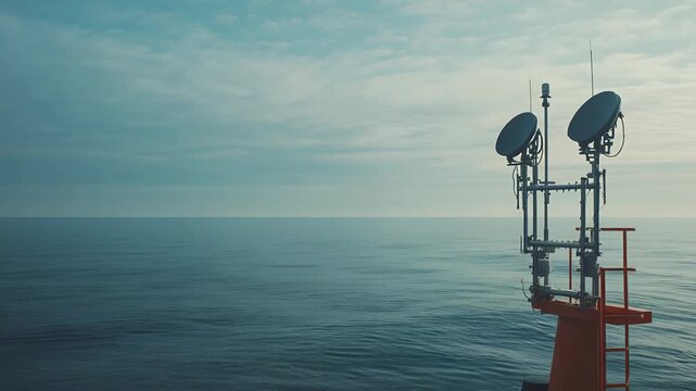 Ship's mast with satellite dish antennas providing essential telecommunication and navigation equipment while traveling across the vast, tranquil open sea
