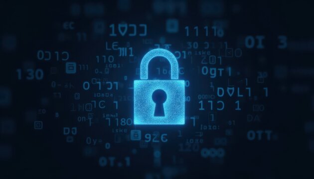 Digital padlock glowing on computer code background. Cyber security and data protection concept.