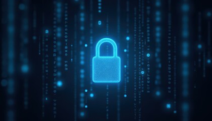 Digital padlock glowing on computer code background. Cyber security and data protection concept.