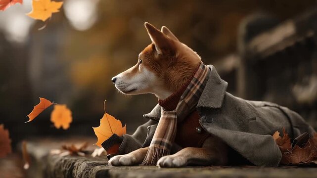 Dog with coat enjoys autumn outdoors with falling leaves