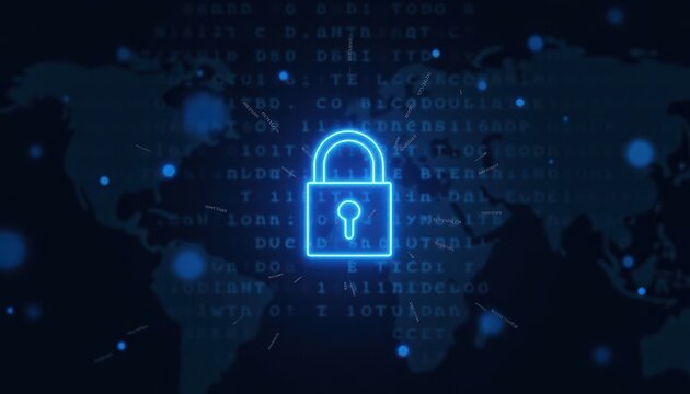 Digital padlock glowing on computer code background. Cyber security and data protection concept.