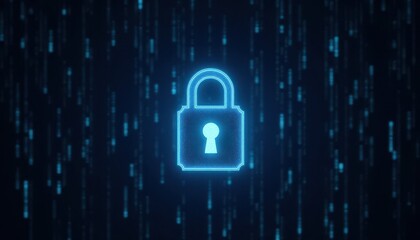 Digital padlock glowing on computer code background. Cyber security and data protection concept.