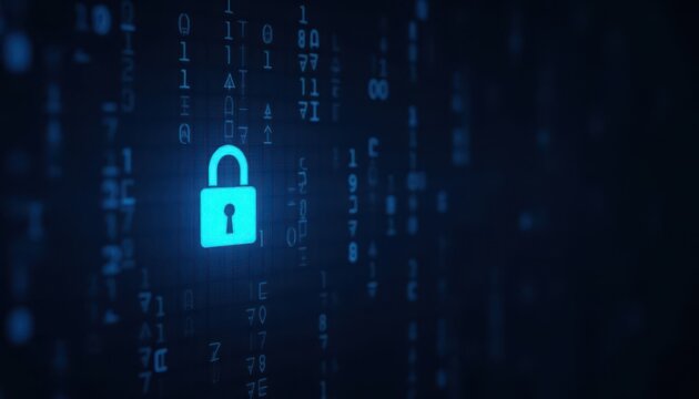 Digital padlock glowing on computer code background. Cyber security and data protection concept.