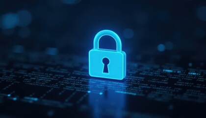 Digital padlock glowing on computer code background. Cyber security and data protection concept.