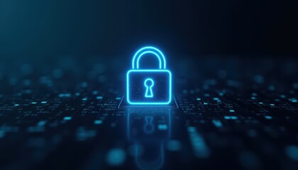Digital padlock glowing on computer code background. Cyber security and data protection concept.