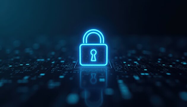 Digital padlock glowing on computer code background. Cyber security and data protection concept.