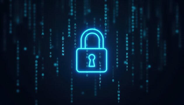 Digital padlock glowing on computer code background. Cyber security and data protection concept.