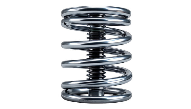 Helical coil spring shines, threaded rod runs through its center, isolated against a black background, detail-focused
