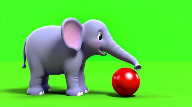 Adorable animated elephant poking a red ball on green screen background for educational childrens content