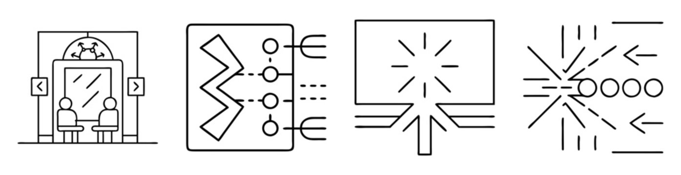 Line drawing compilation of elevator, circuit board, branching lines, and convergent lines