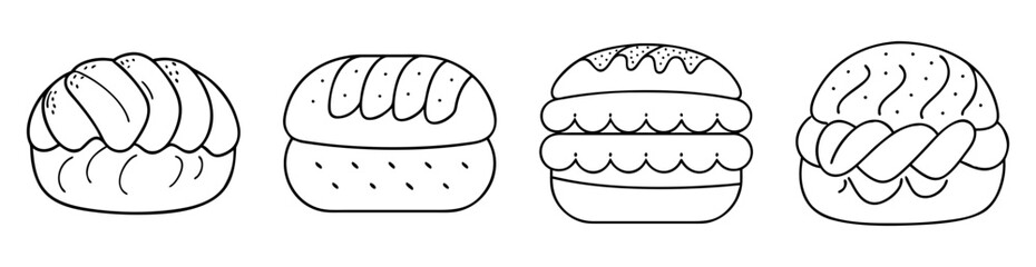 Black and white line art illustration of various burger and bread shapes