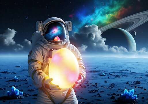 Easter day in space astronaut holding glowing easter egg on alien planet